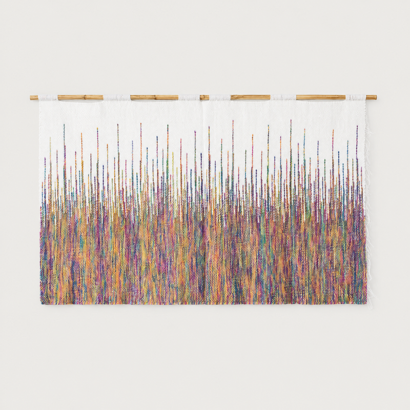 Rainbow handwoven colourful wool wall hanging on bamboo rod, packshot, Lale Studio & Shop