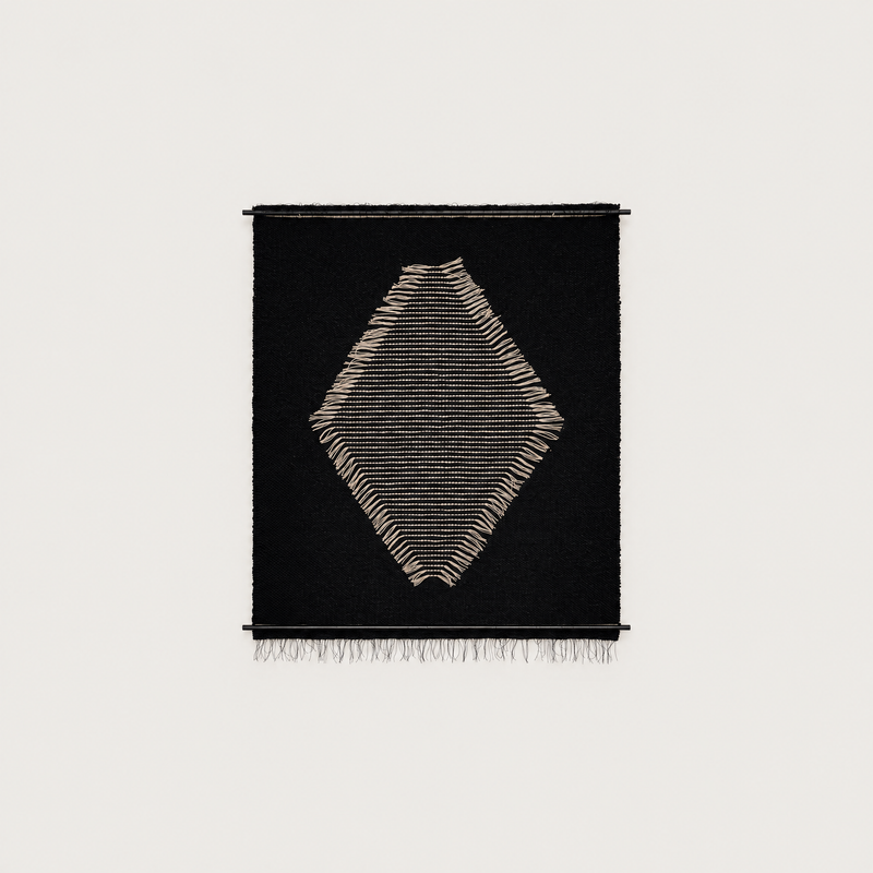 Rombo Black handwoven black wool tapestry with light brown diamond weave, packshot, Lale Studio & Shop