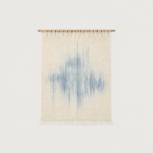 Serenity handwoven wool wall hanging, raw white with blue dip-dye on bamboo rod, packshot, Lale Studio & Shop