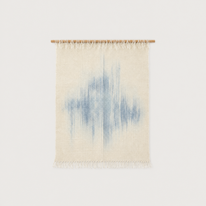 Serenity handwoven wool wall hanging, raw white with blue dip-dye on bamboo rod, packshot, Lale Studio & Shop