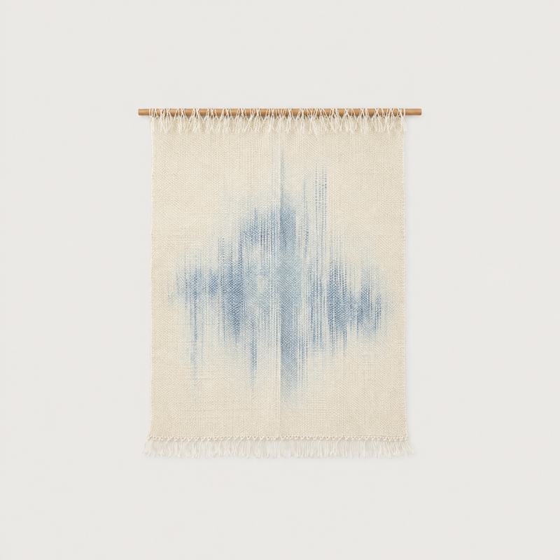 Serenity handwoven wool wall hanging, raw white with blue dip-dye on bamboo rod, packshot, Lale Studio & Shop