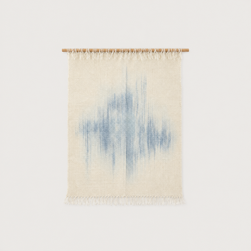 Serenity handwoven wool wall hanging, raw white with blue dip-dye on bamboo rod, packshot, Lale Studio & Shop