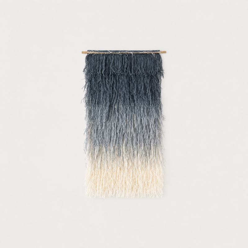 Snow handwoven shaggy wool wall hanging, navy to cream gradient on bamboo rod, packshot, Lale Studio & Shop