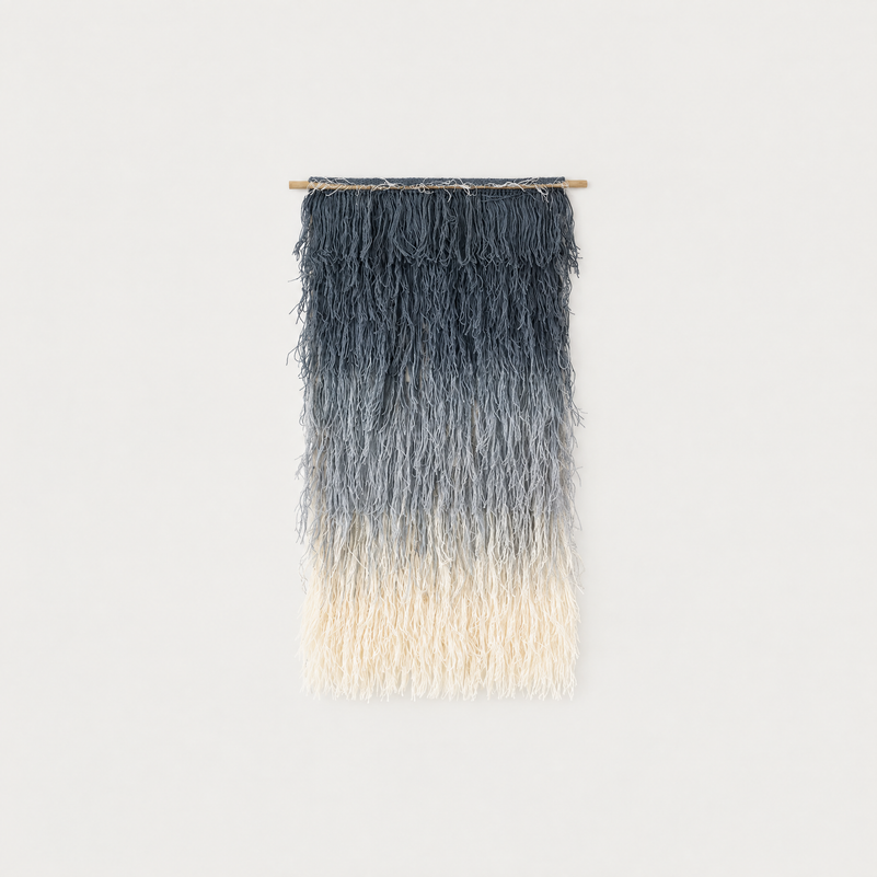Snow handwoven shaggy wool wall hanging, navy to cream gradient on bamboo rod, packshot, Lale Studio & Shop