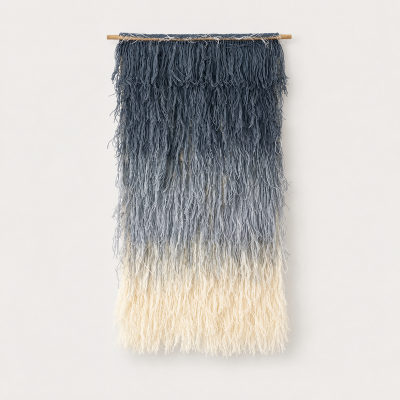 Snow shaggy handwoven wool wall hanging with navy to cream gradient on a bamboo rod, Lale Studio & Shop