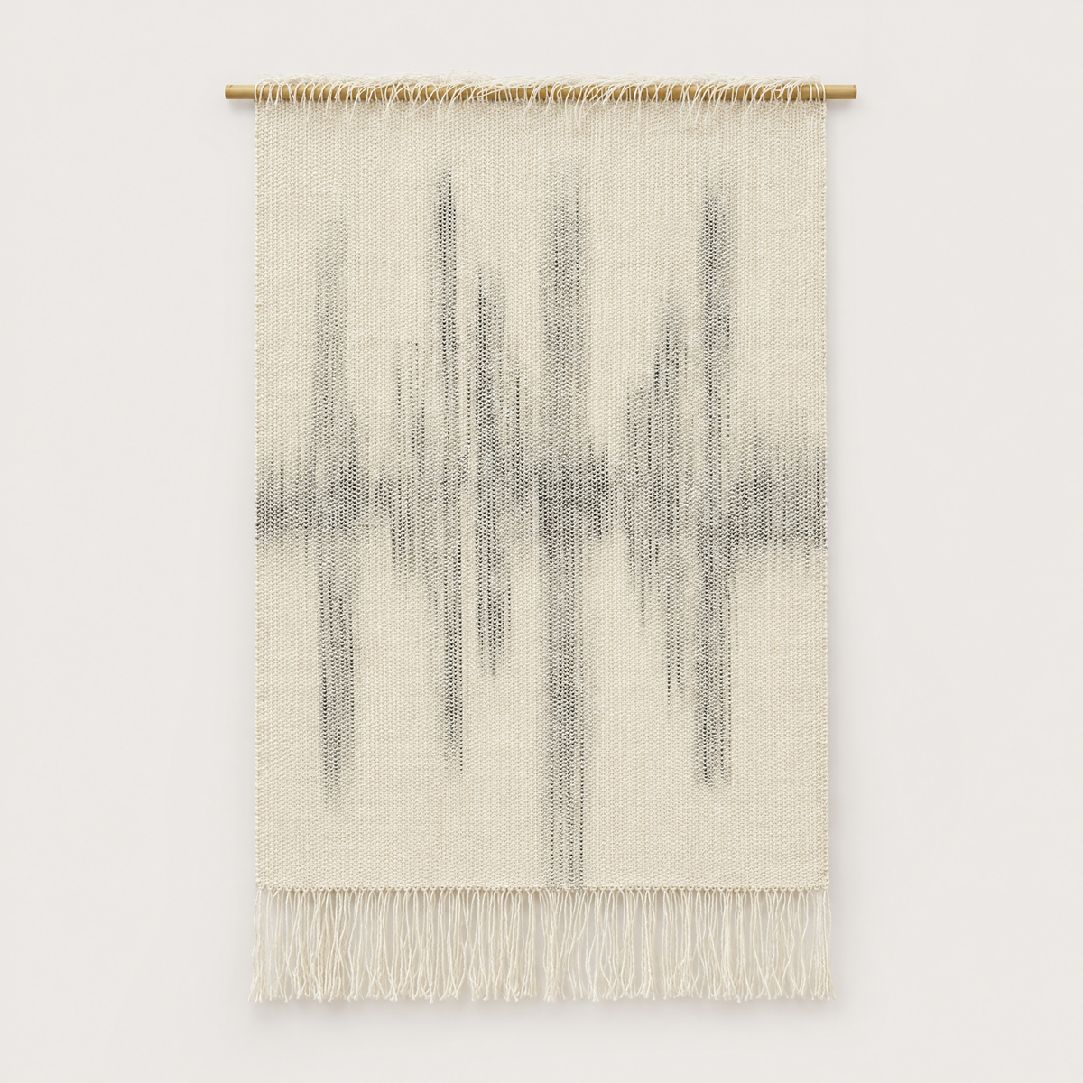 Sound handwoven wool wall hanging in raw white with hand painted grey soundwave on a bamboo rod, Lale Studio & Shop