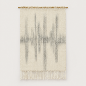 Sound handwoven wool wall hanging in raw white with hand painted grey soundwave on a bamboo rod, Lale Studio & Shop