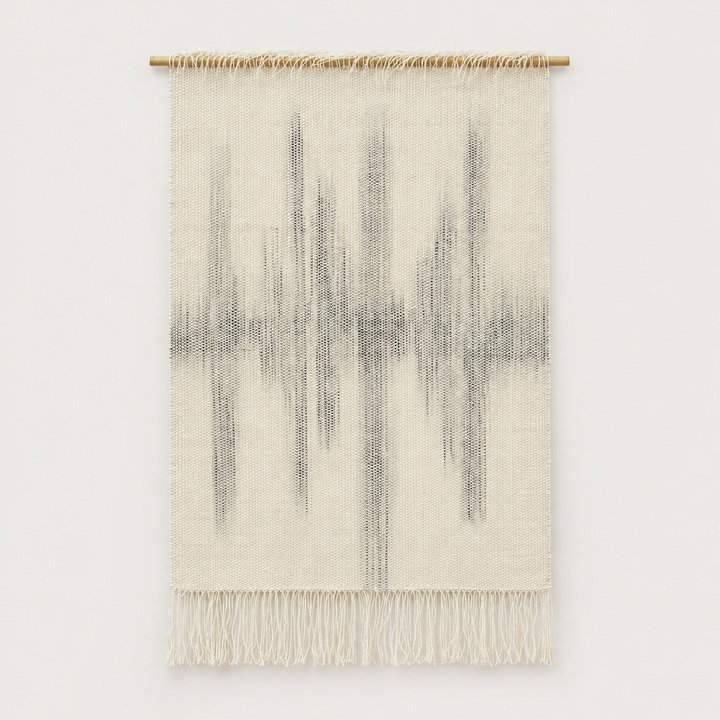 Sound handwoven wool wall hanging in raw white with hand painted grey soundwave on a bamboo rod, Lale Studio & Shop