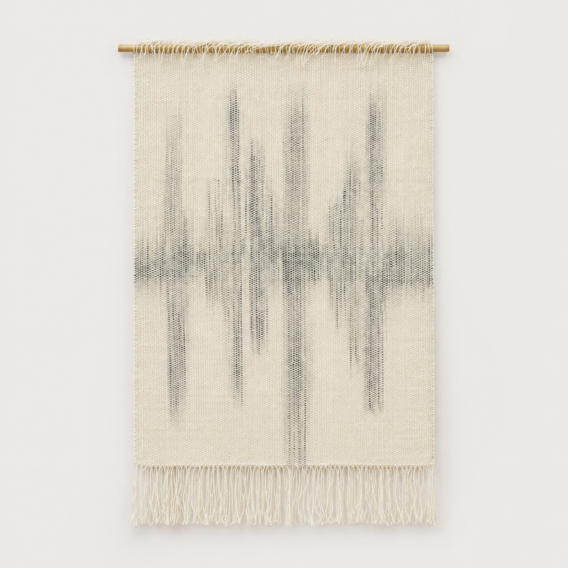 Sound handwoven wool wall hanging in raw white with hand painted grey soundwave on a bamboo rod, Lale Studio & Shop