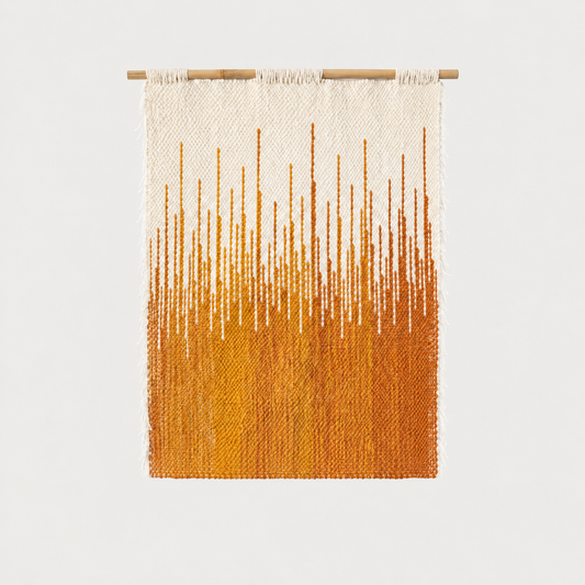 Sune handwoven wool wall hanging on a bamboo rod, ecru, yellow and orange painted weave with side fringes, Lale Studio