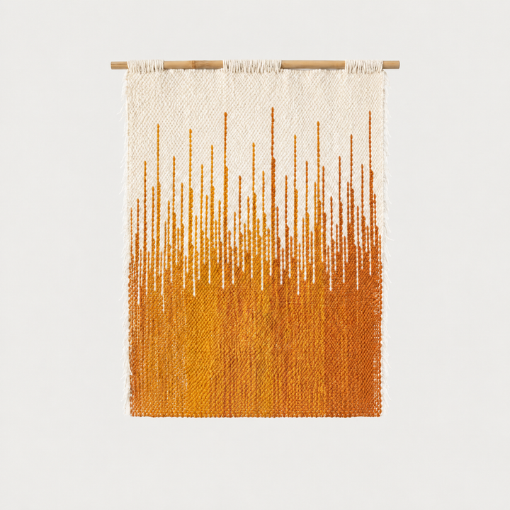 Sune handwoven wool wall hanging on a bamboo rod, ecru, yellow and orange painted weave with side fringes, Lale Studio