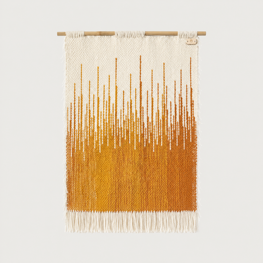 Sune handwoven wool wall hanging, orange to yellow gradient on bamboo rod, packshot, Lale Studio & Shop
