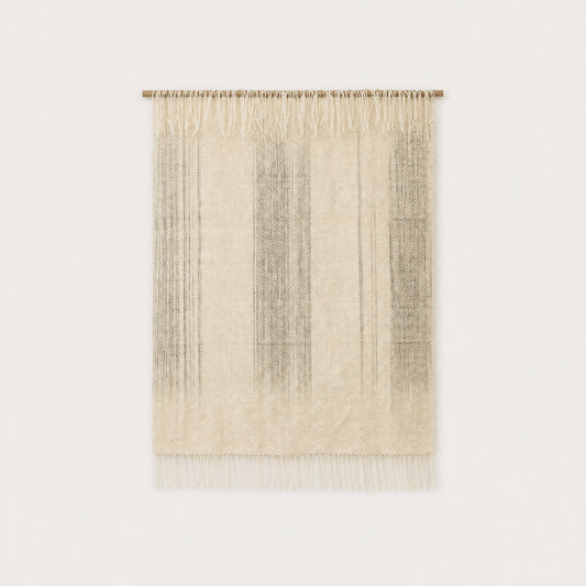 Surge handwoven two-ply wool tapestry in natural beige and warm grey dip-dye, woven wall hanging by Lale Studio & Shop