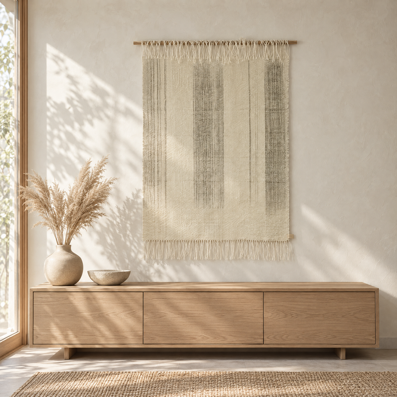 Surge handwoven wall hanging on a bamboo rod above an oak sideboard in a warm Japandi interior, Lale Studio Shop