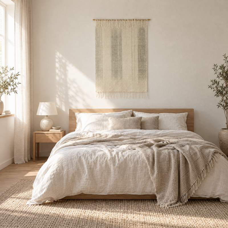 Surge handwoven wool wall hanging 80x110 cm with fringe above a bed in a bedroom, Lale Studio Shop