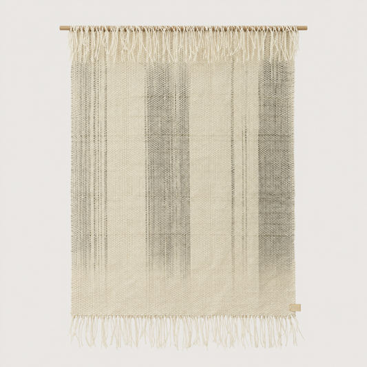 Surge handwoven wool wall hanging in natural beige with grey dip dye gradient and bottom fringe on a bamboo rod, Lale Studio & Shop
