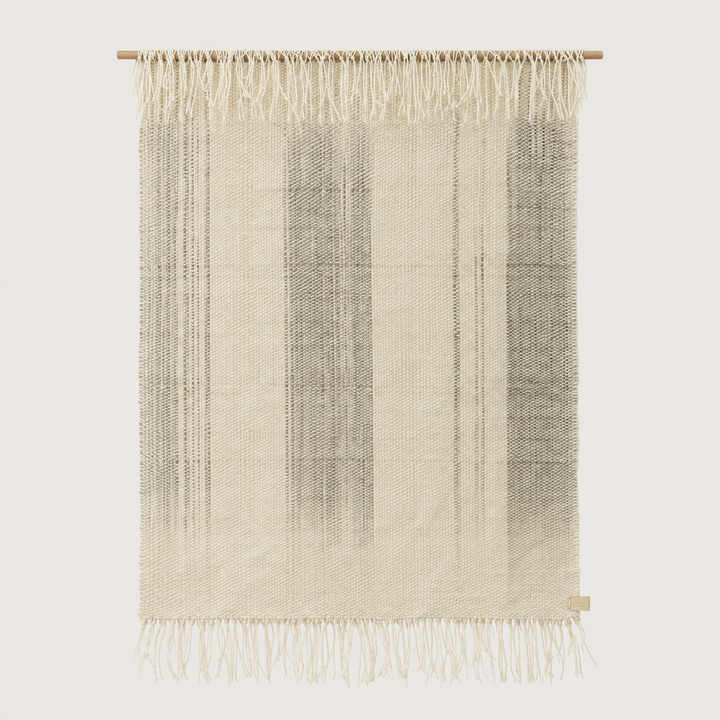 Surge handwoven wool wall hanging in natural beige with grey dip dye gradient and bottom fringe on a bamboo rod, Lale Studio & Shop
