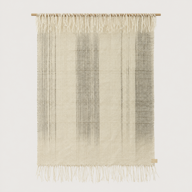 Surge handwoven wool wall hanging in natural beige with grey dip dye gradient and bottom fringe on a bamboo rod, Lale Studio & Shop