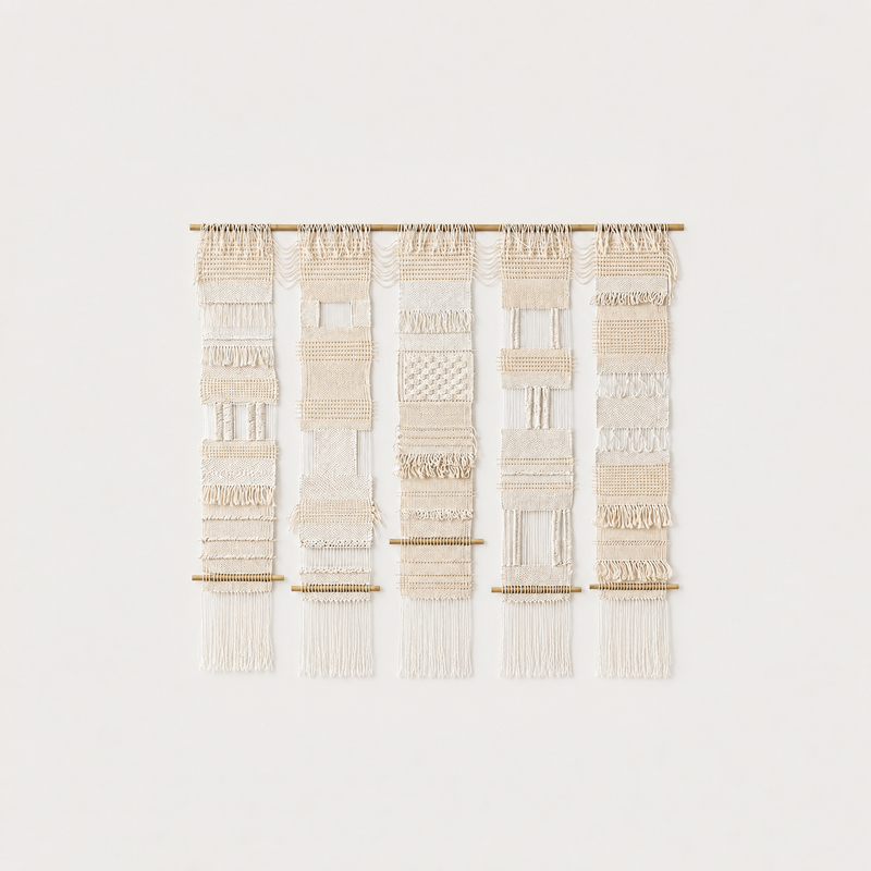 Teide 5 handwoven five panel cotton wall hanging on bamboo rod, packshot, Lale Studio & Shop