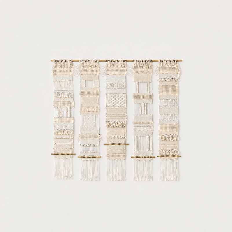 Teide 5 handwoven five panel cotton wall hanging on bamboo rod, packshot, Lale Studio & Shop