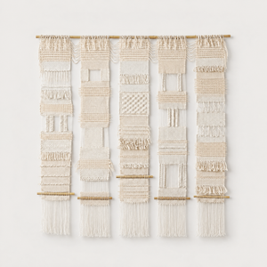Teide 5 handwoven five panel cotton wall hanging in natural beige on a bamboo rod, Lale Studio & Shop