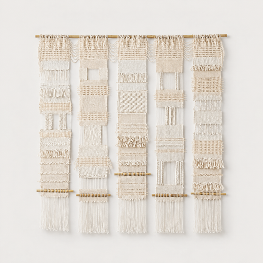 Teide 5 handwoven five panel cotton wall hanging in natural beige on a bamboo rod, Lale Studio & Shop