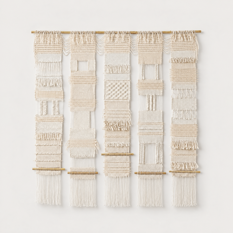 Teide 5 handwoven five panel cotton wall hanging in natural beige on a bamboo rod, Lale Studio & Shop