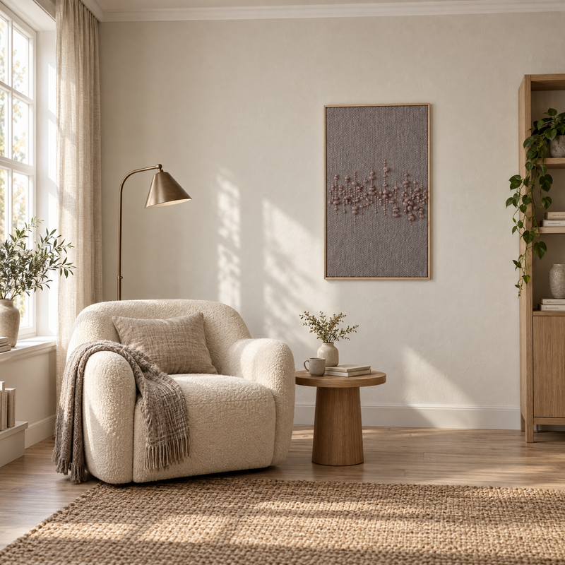 Teor bronze clouds framed handwoven wool tapestry 60x100 cm in a reading corner above a boucle armchair, Lale Studio Shop