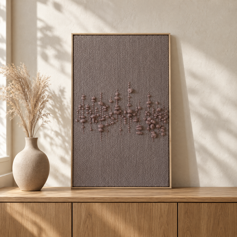 Teor bronze clouds framed handwoven wool tapestry standing on an oak sideboard in a Japandi interior, Lale Studio Shop