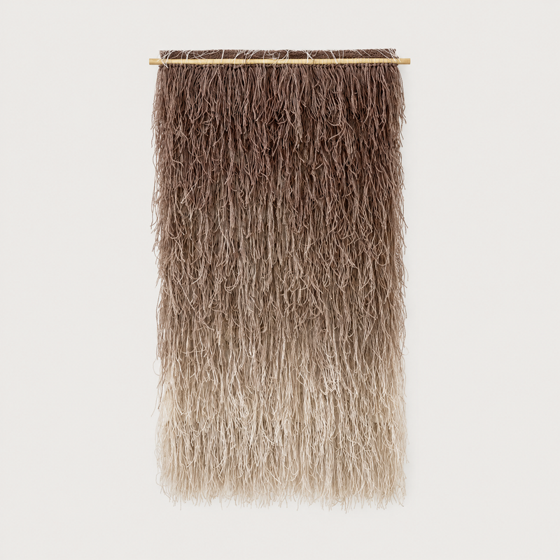 Tiramisu handwoven shaggy wool wall hanging on bamboo rod, packshot, Lale Studio & Shop