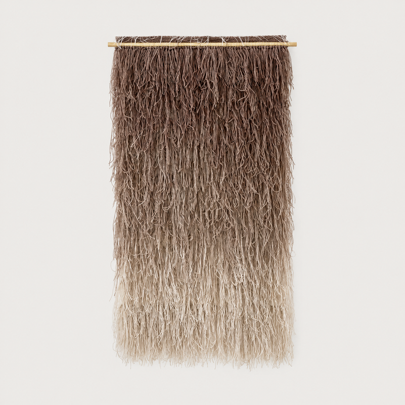 Tiramisu handwoven shaggy wool wall hanging on bamboo rod, packshot, Lale Studio & Shop