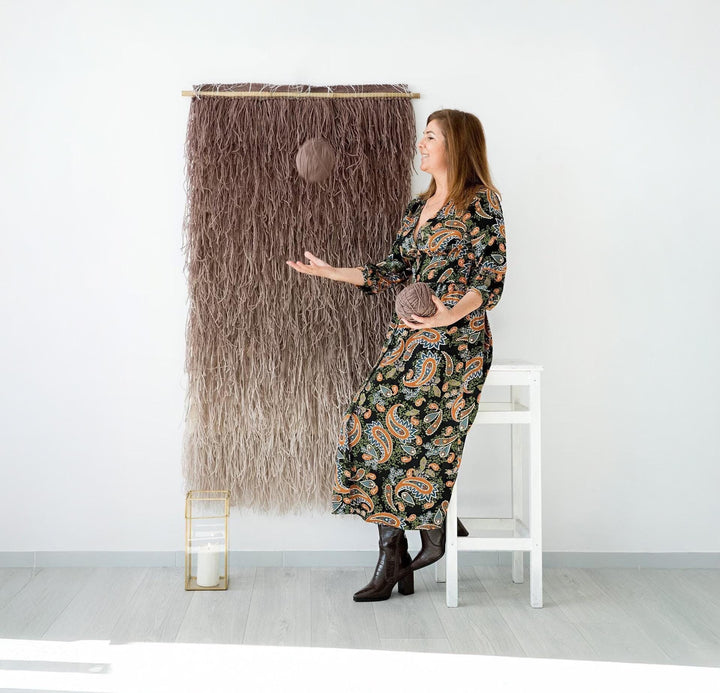 Tiramisu textured wall hanging styled in a modern living room