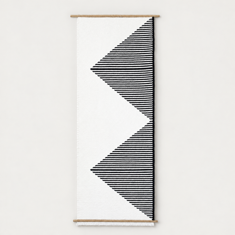 Trian handwoven wall hanging with black and white geometric triangles on bamboo rods, Lale Studio & Shop