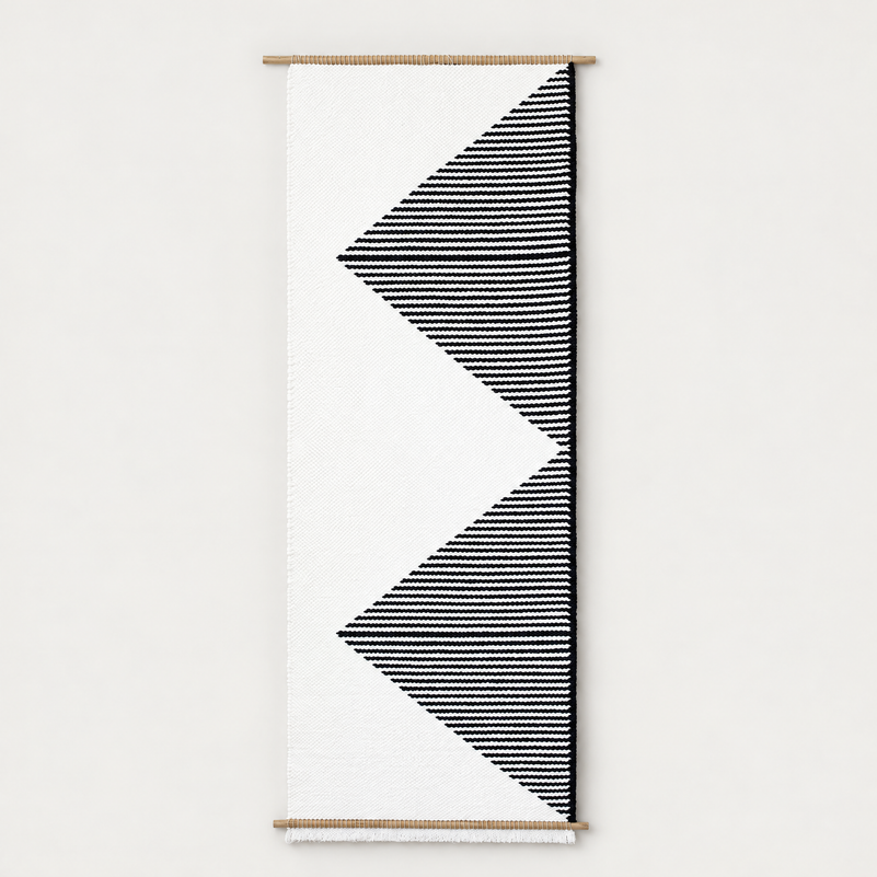 Trian handwoven wall hanging with black and white geometric triangles on bamboo rods, Lale Studio & Shop