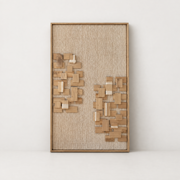Twin Groves framed handwoven wool tapestry with two oak wood groves, standing packshot, Lale Studio Shop
