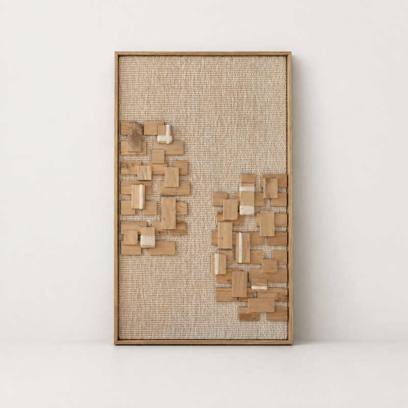 Twin Groves framed handwoven wool tapestry with two oak wood groves, standing packshot, Lale Studio Shop