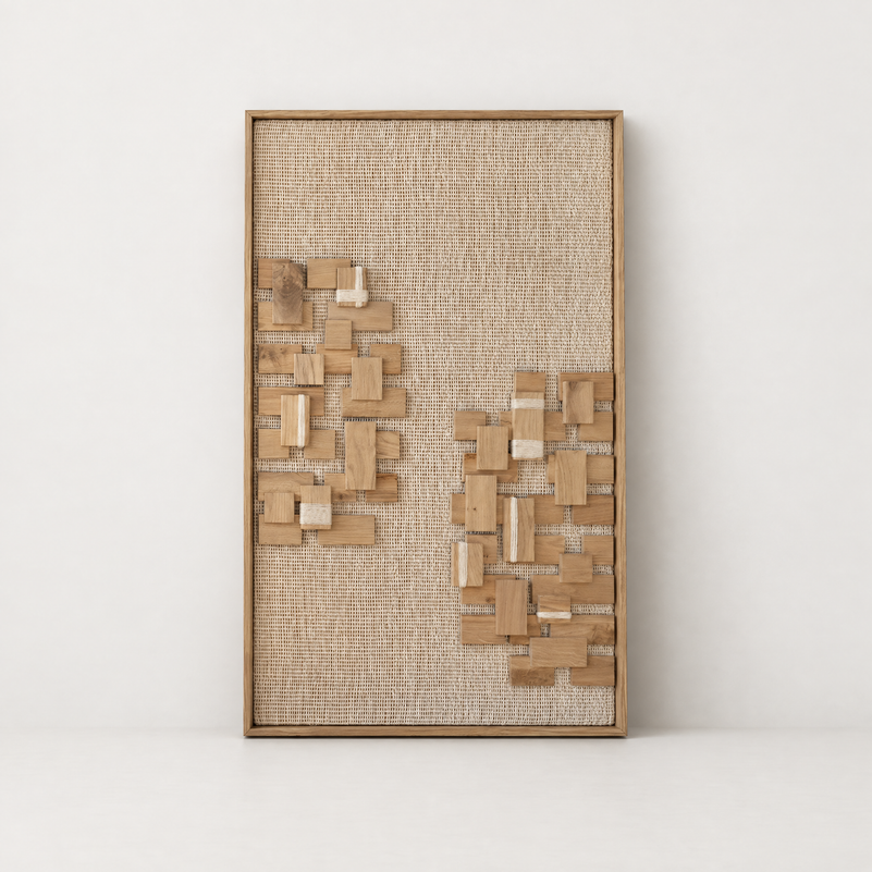 Twin Groves framed handwoven wool tapestry with two oak wood groves, standing packshot, Lale Studio Shop