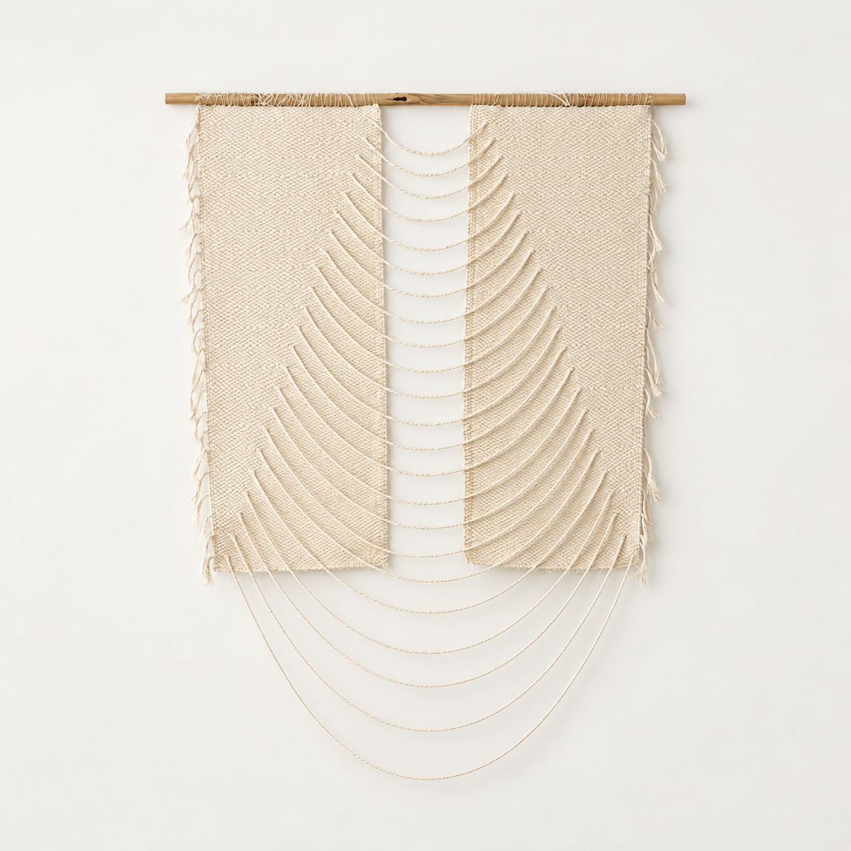 Urania Natural handwoven cotton rope wall hanging with cascading semi circles on a bamboo rod, Lale Studio & Shop