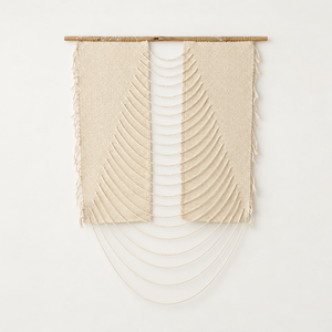 Urania Natural handwoven cotton rope wall hanging with cascading semi circles on a bamboo rod, Lale Studio & Shop