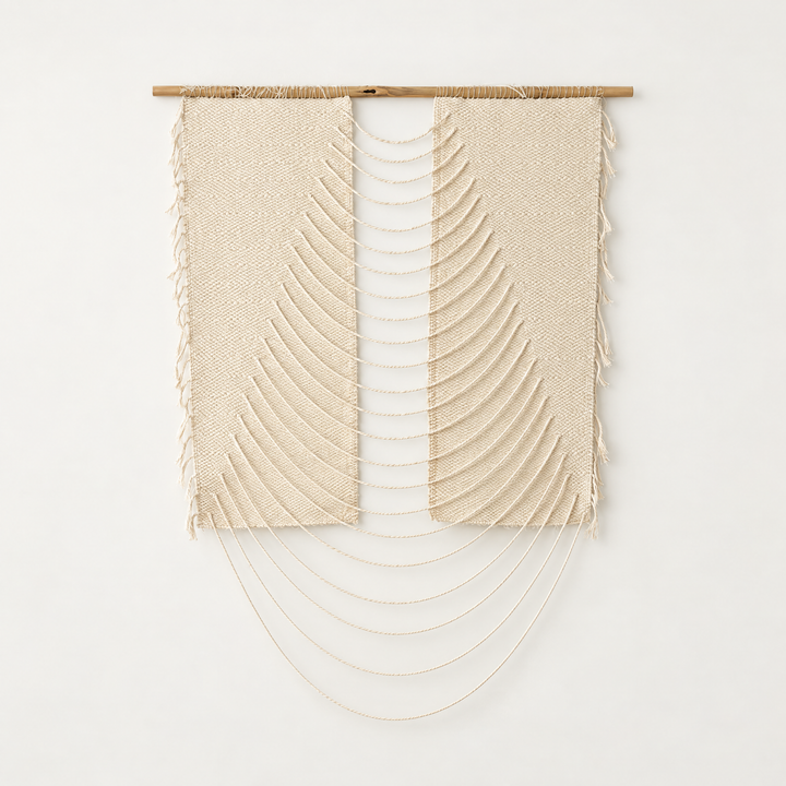 Urania Natural handwoven cotton rope wall hanging with cascading semi circles on a bamboo rod, Lale Studio & Shop
