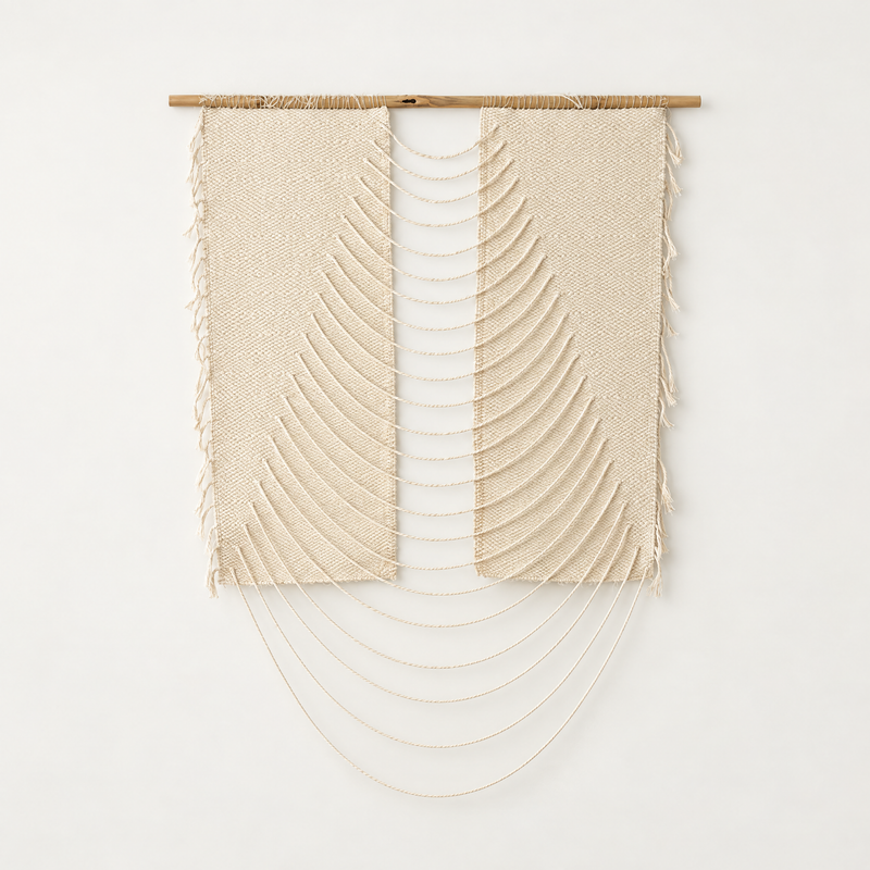 Urania Natural handwoven cotton rope wall hanging with cascading semi circles on a bamboo rod, Lale Studio & Shop
