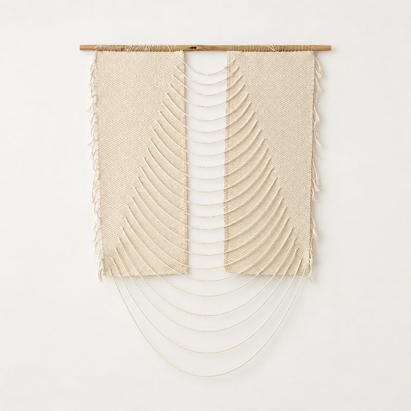 Urania Natural handwoven cotton rope wall hanging with cascading semi circles on a bamboo rod, Lale Studio & Shop