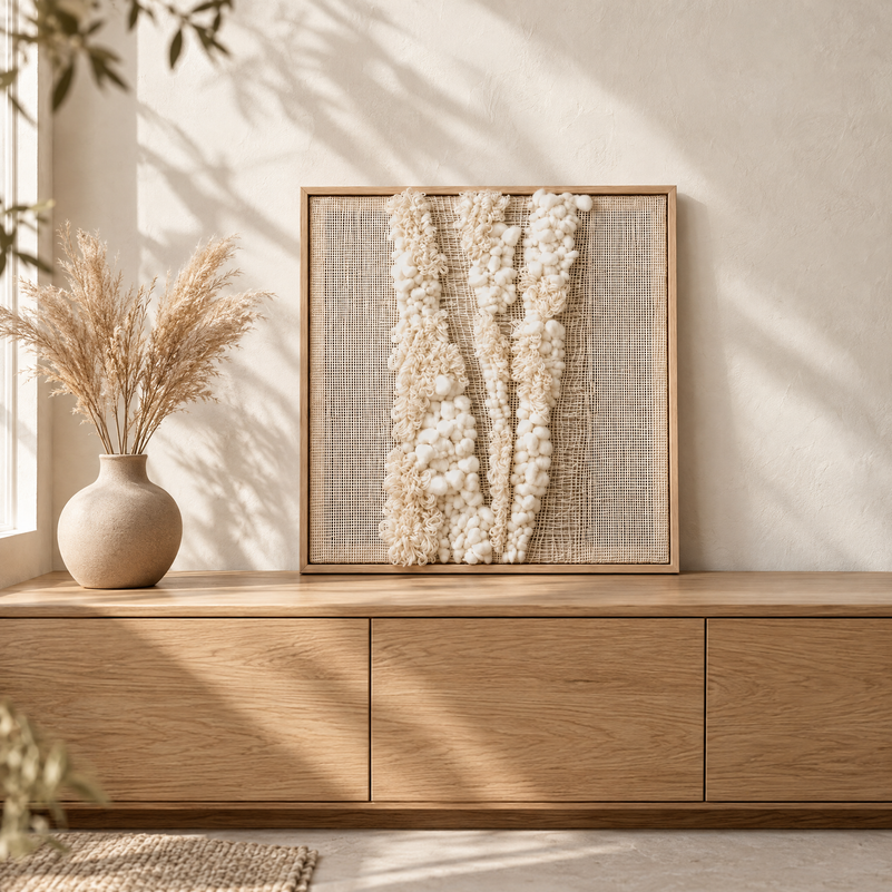 Vea framed handwoven wool tapestry standing on an oak sideboard in a warm Japandi interior, Lale Studio Shop