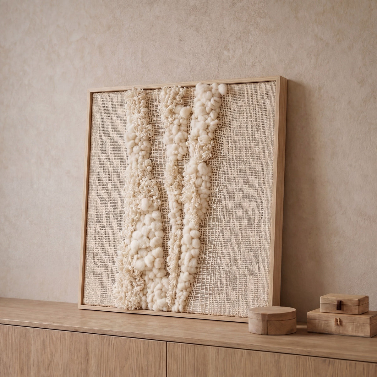 Vea handwoven wool tapestry in a slim wooden frame, framed textile wall art by Lale Studio & Shop