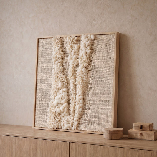 Vea handwoven wool tapestry in a slim wooden frame, framed textile wall art by Lale Studio & Shop