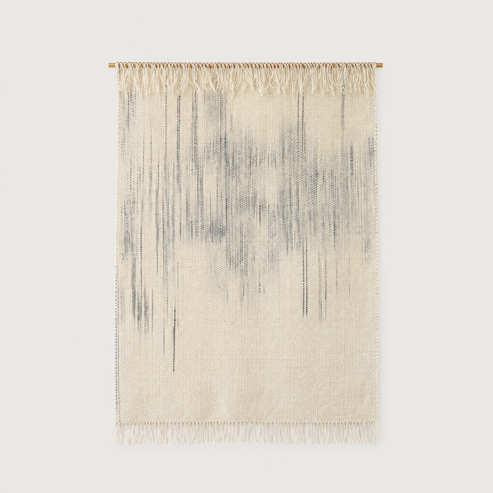 Veil handwoven wool wall hanging, soft hand-dyed tones on bamboo rod, packshot, Lale Studio & Shop