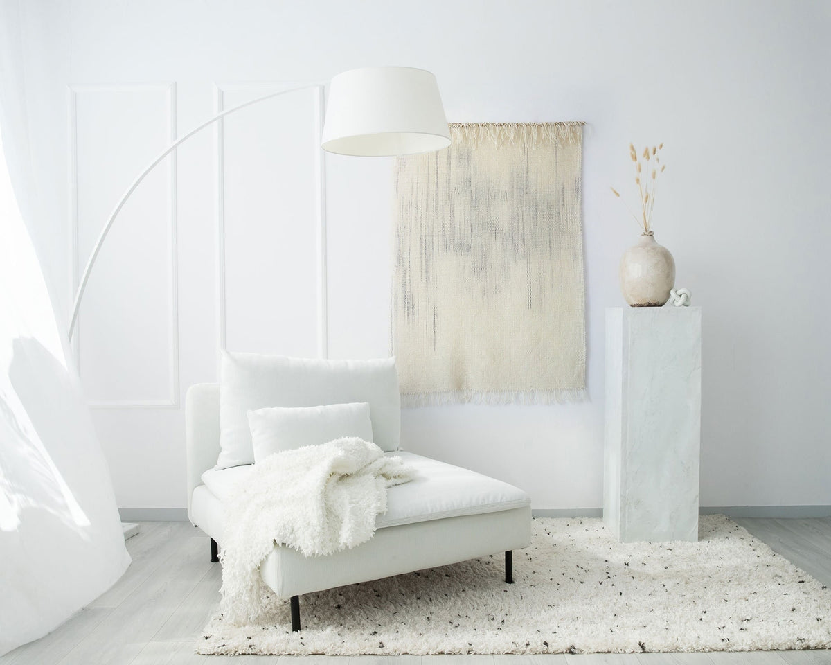 Veil hand-dyed handwoven wool wall hanging in soft airy neutral tones, by Lale Studio & Shop