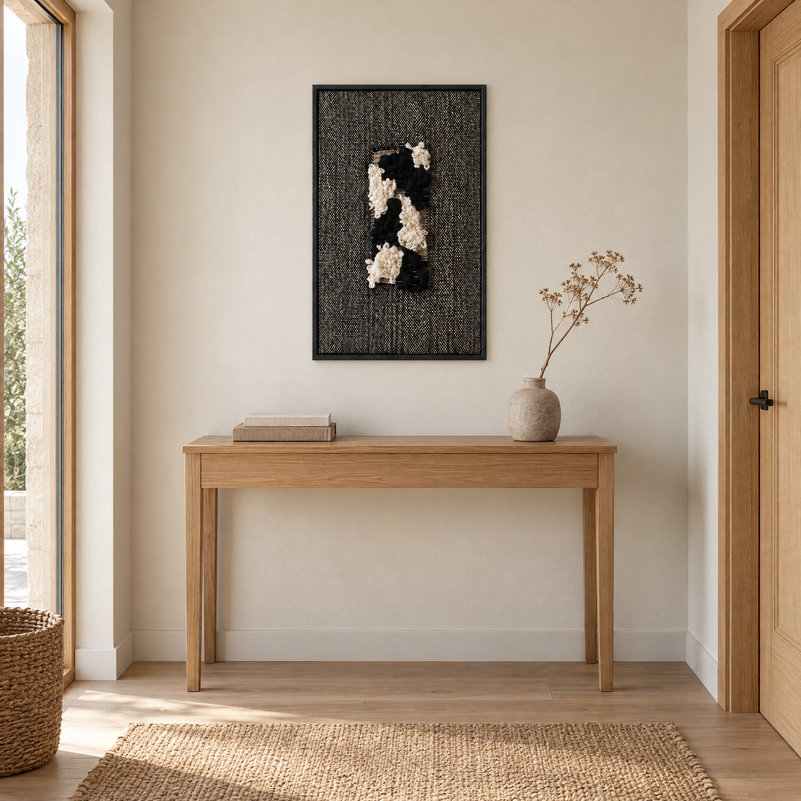 Velmono framed handwoven wool tapestry 60x100 cm in an entrance hall above an oak console, Lale Studio Shop