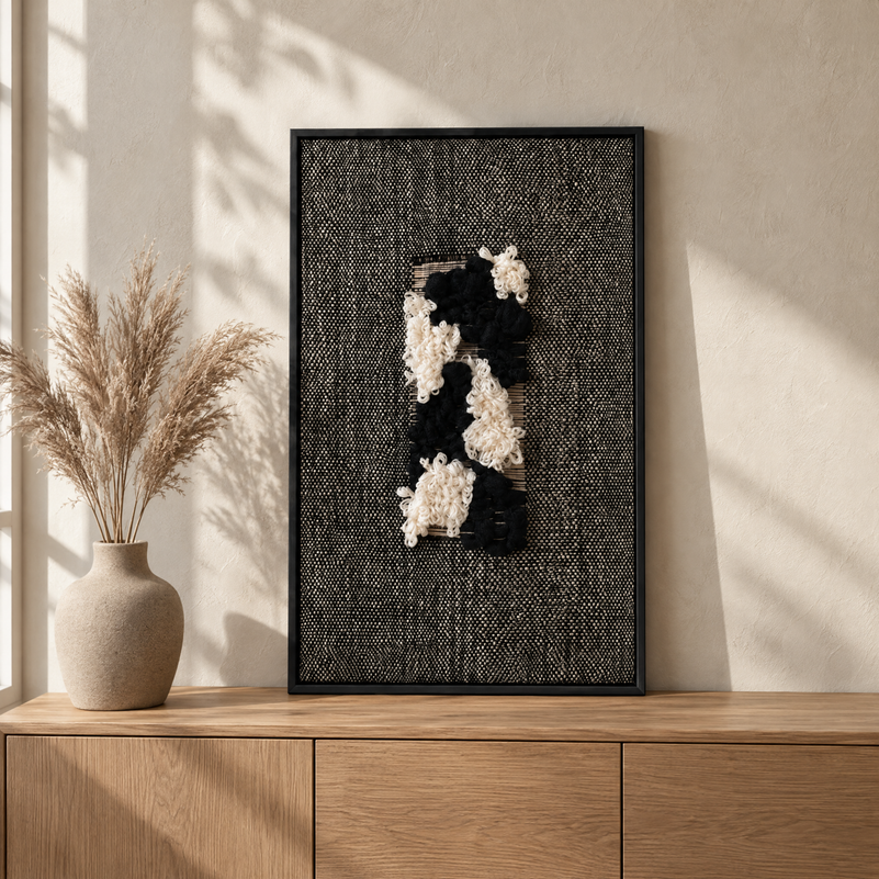 Velmono black and white framed handwoven wool tapestry standing on an oak sideboard in a warm Japandi interior, Lale Studio Shop