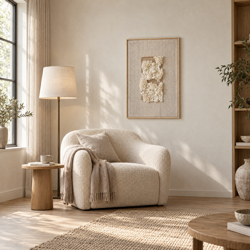 Velua framed handwoven wool tapestry 60 x 100 cm in a living room reading corner with an armchair, Lale Studio Shop